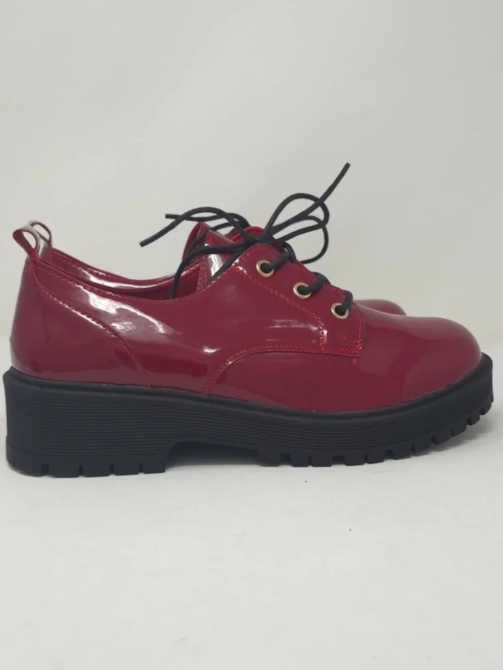 Chunky Faux Leather Platform Oxford Patent  Red Pat Trendy Lug Sole Lace Up - Picture 3 of 10